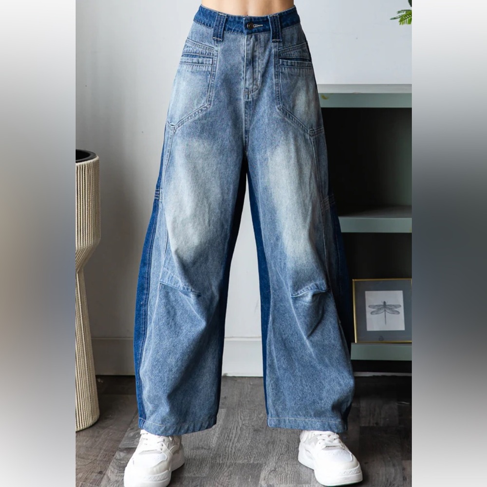 Oli & Hali Two-Tone Light and Dark Blue Wide-Leg Jeans